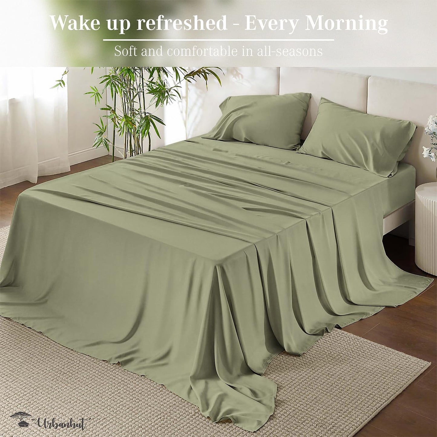 URBANHUT 1000 Thread Count Twin Sheets Egyptian Cotton for Twin Size Bedding Long Staple Soft & Breathable, 3 Pc Bed Sheet Sets, Luxury Hotel Sateen Weave Sheets Fits 16" Deep Pocket - Sage