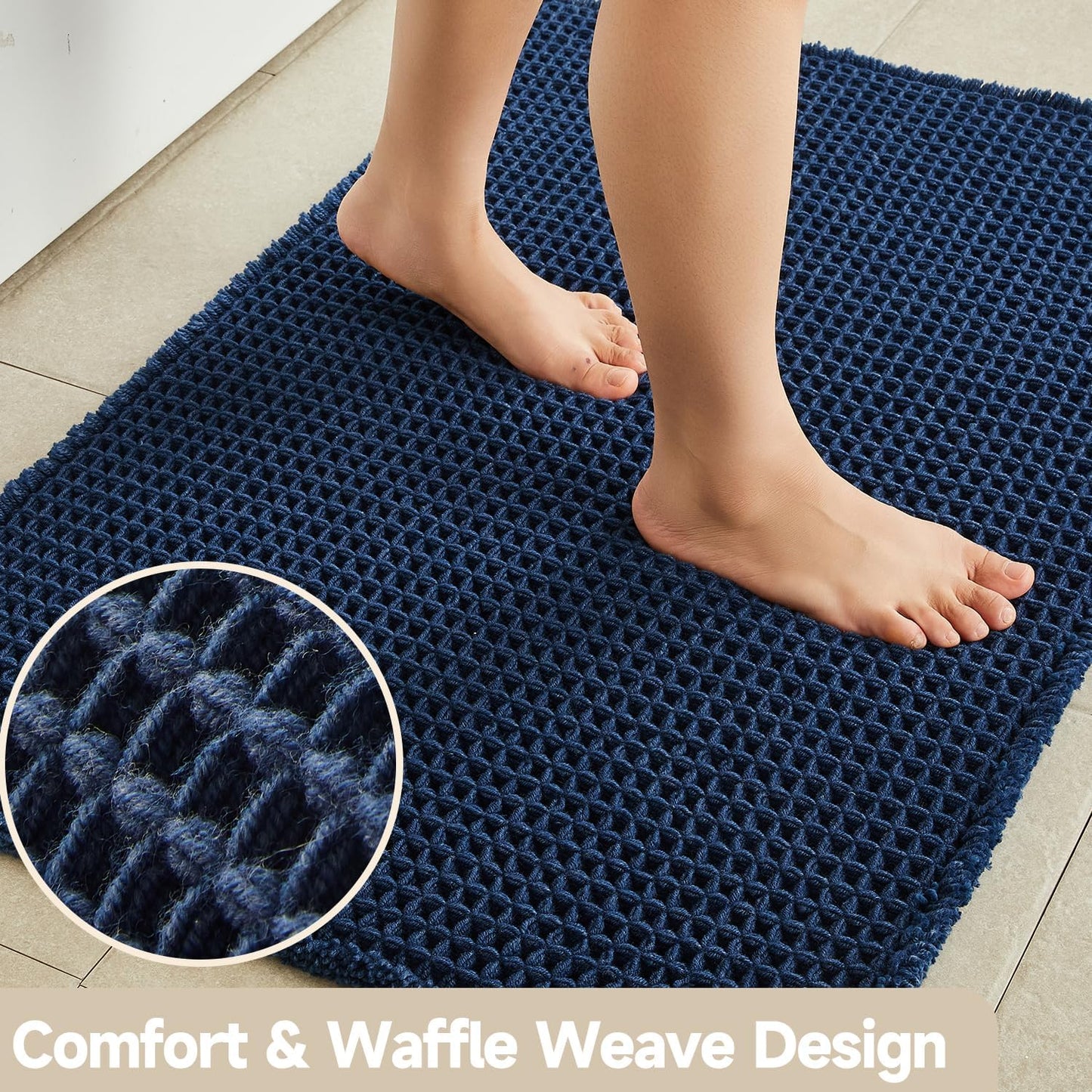 Waffle Bath Mat, Boho Bathroom Rugs Non Slip Washable Super Absorbent Quick Dry Bath Mat Farmhouse Bathroom Decor, 24"x16" Navy Blue