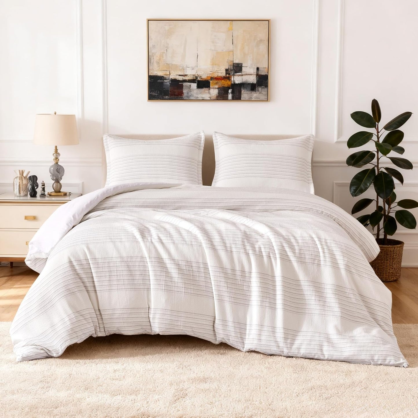 Amazon Basics Waffle Weave Microfiber 3-Piece Duvet Cover Set, Includes 1 Duvet Cover and 2 Pillow Shams, California King, Dark Grey Striped