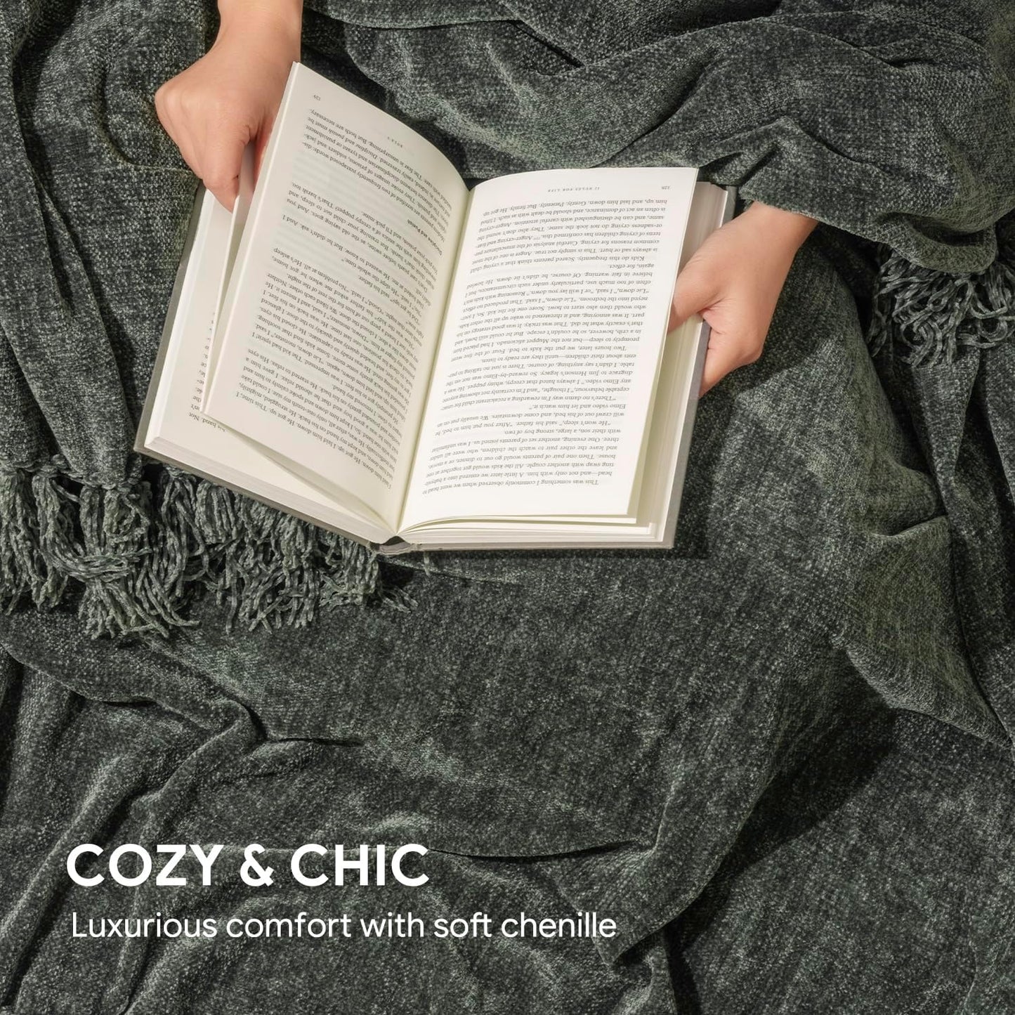 RECYCO Throw Blanket Soft Cozy Chenille Throw Blanket with Fringe Tassel for Couch Sofa Chair Bed Living Room Gift (Dark Green, 50" x 60")