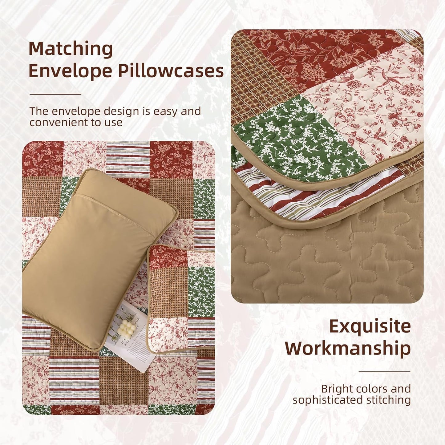 Mybedsoul Christmas Quilt Set Queen Size, 3 Pieces Red Green Floral Plaid Bedspread Coverlet Set, Reversible Soft Microfiber Bedding Set for All Season, Fall Winter Queen Christmas 90"x96"