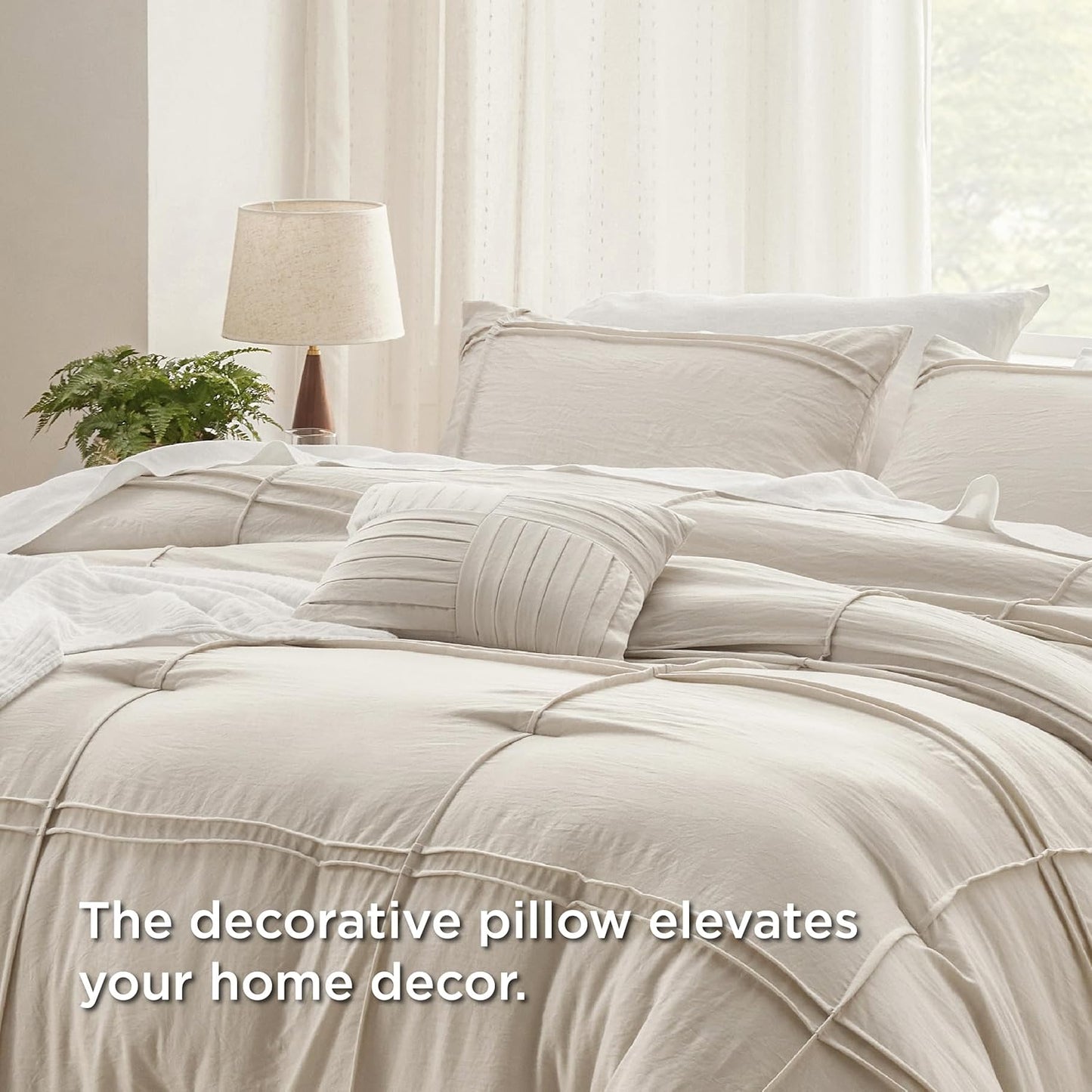 Bedsure Full Comforter Set - 4 Pieces Grid Pleat Bed Set, Beige Boho Bedding for All Season, 1 Soft Comforter, 2 Pillowcases, 1 Decorative Pillow