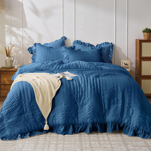 JOLLYVOGUE Teal Twin Size Comforter Set, 2 Pieces Seersucker Lightweight Fluffy Bedding Set, Twin Ruffle Comforter, All Season Soft Microfiber Shabby Chic Bed Set
