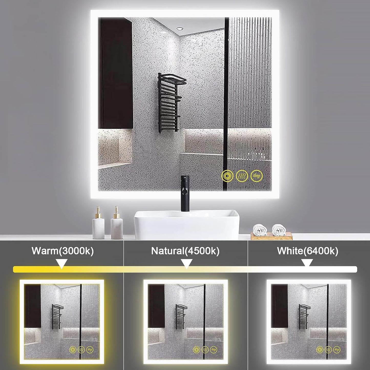 Wall-Mounted LED Square Bathroom Mirror, Makeup Mirror (36 inches x36 inches,) 3 Color Stepless Dimmable Memory Bathroom Vanity Mirror with Lights CRI90+ 3000-6400K Smart Mirror with Touch