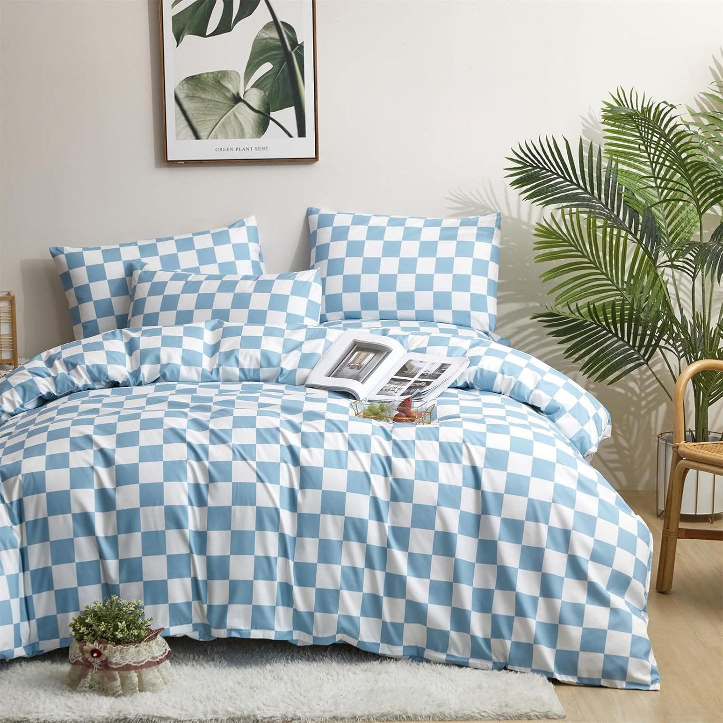 KAREVER Blue White Grid Comforter Set Twin Blue Plaid Bedding Set Girls Blue White Checkered Bed Blanket Set Kids Durable Breathable Bedding Comforter Set