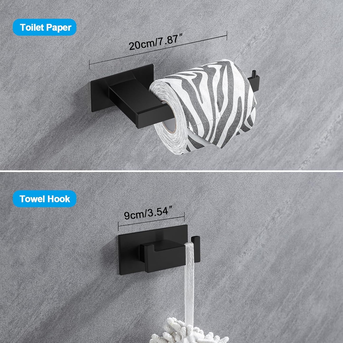 4-Pieces Bathroom Hardware Accessories Set, Towel Rack Towel Bar Toilet Paper Holder Towel Hook Self Adhesive Stainless Steel Towel Rack Set for Bathroom Wall Mounted, Matte Black 23 Inch