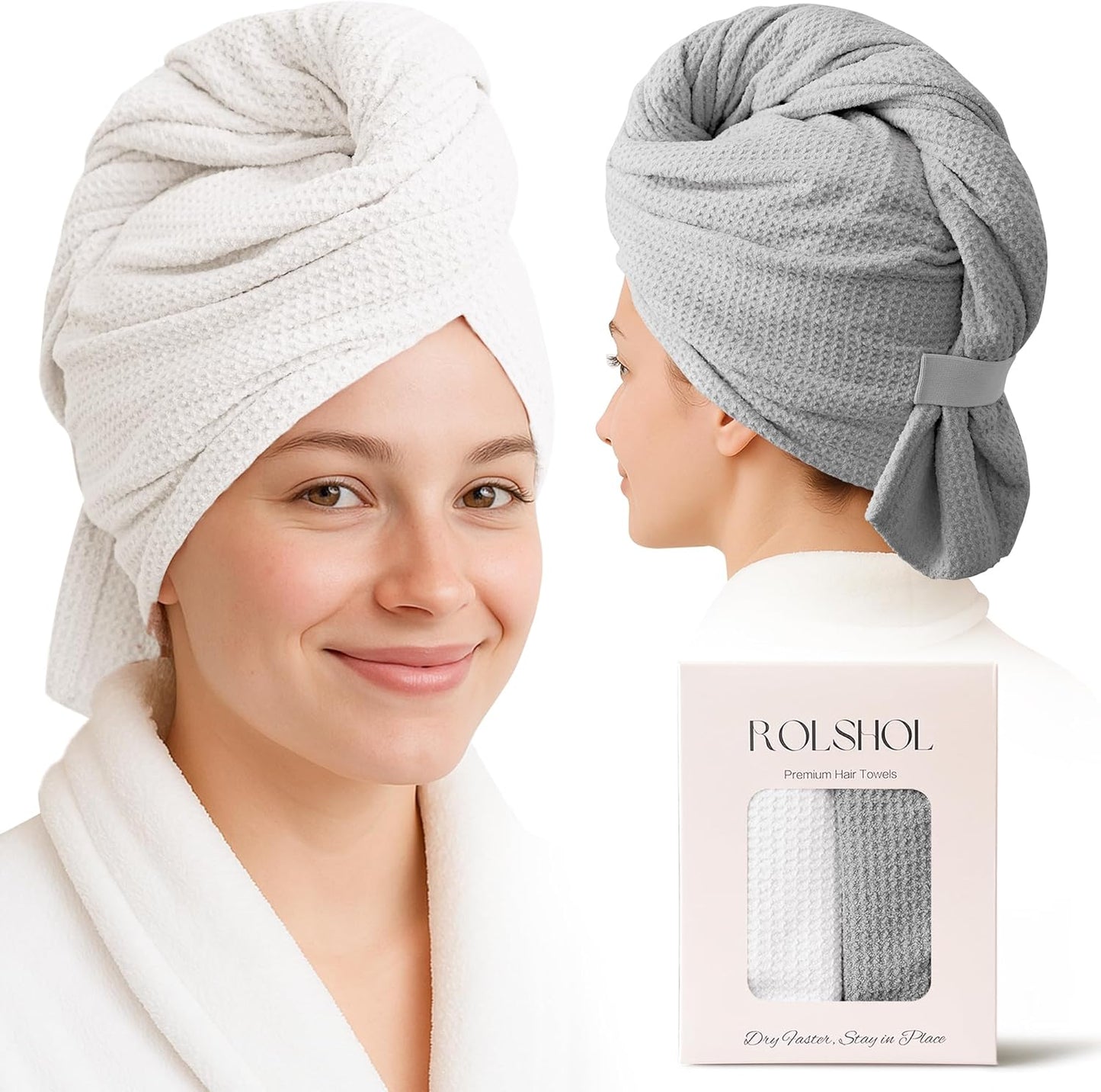 2 Pack Microfiber Hair Towel Wrap for Women, 32" x 11" Waffle Weave Hair Plopping Towel for Curly, Long & Thick Hair, Anti-Frizz Hair Turbans for Wet Hair (White, Grey)