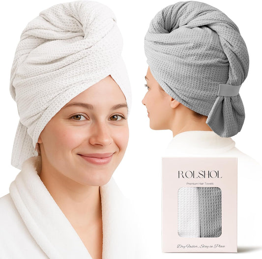 2 Pack Microfiber Hair Towel Wrap for Women, 32" x 11" Waffle Weave Hair Plopping Towel for Curly, Long & Thick Hair, Anti-Frizz Hair Turbans for Wet Hair (White, Grey)