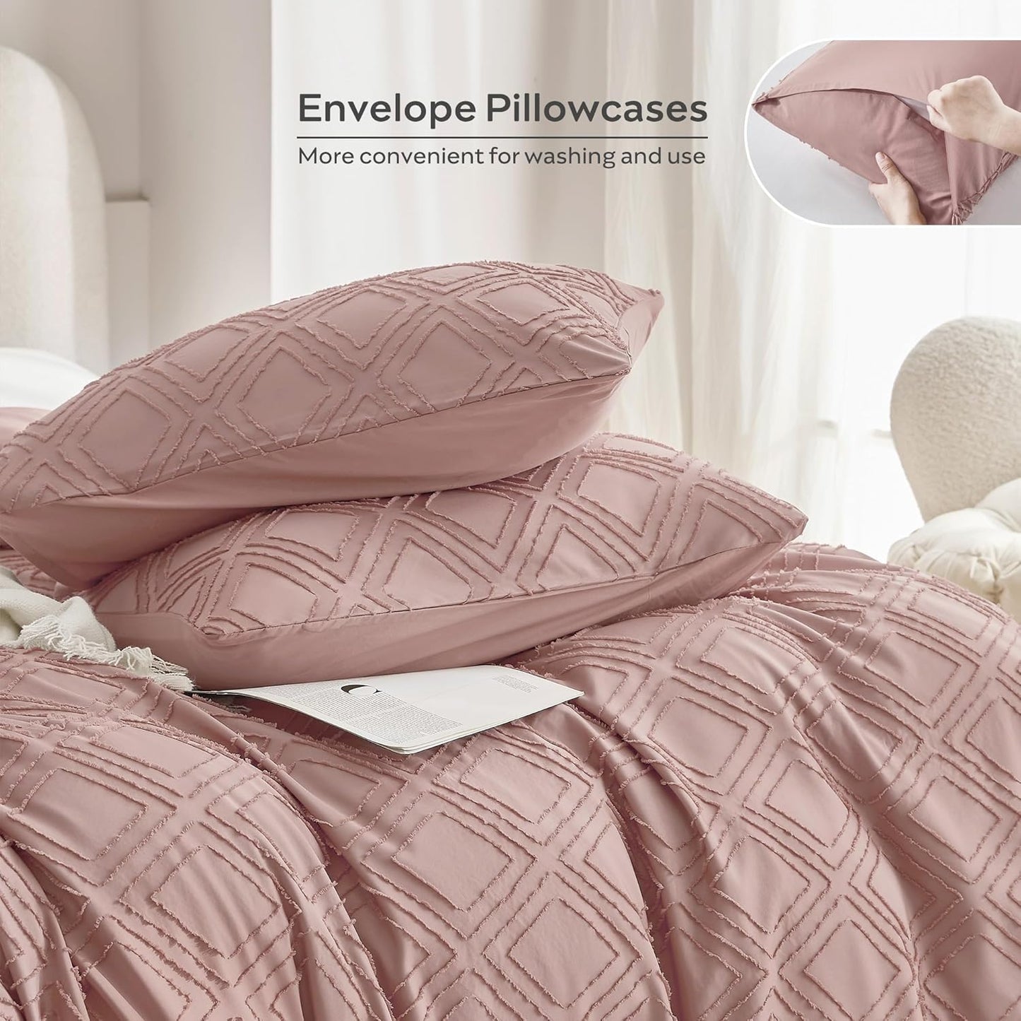 JELLYMONI Duvet Cover King Size Smokey Pink - 3PCS Boho Duvet Cover Set Plaid Polyester Tufted Bohemian Jacquard Knit Textured Comforter Cover 104×90in Rhombic Geometric Pattern Zipper Corner Tie