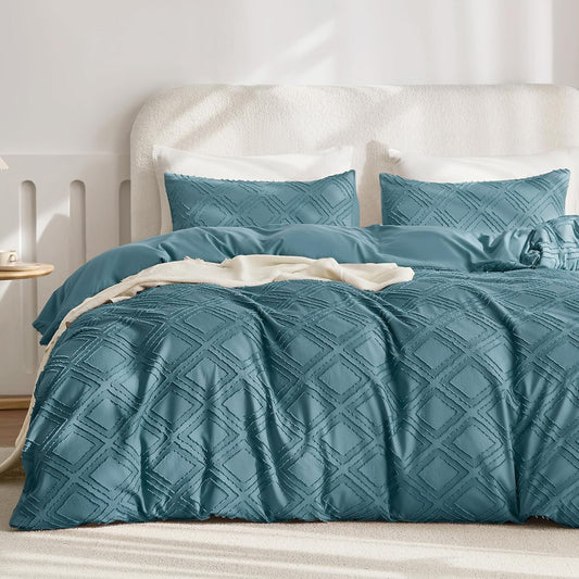 JELLYMONI Duvet Cover Full Size Grayish Blue - 3PCS Boho Duvet Cover Set Plaid Polyester Tufted Bohemian Jacquard Knit Textured Comforter Cover 80×90in Rhombic Geometric Pattern Corner Ties & Zipper