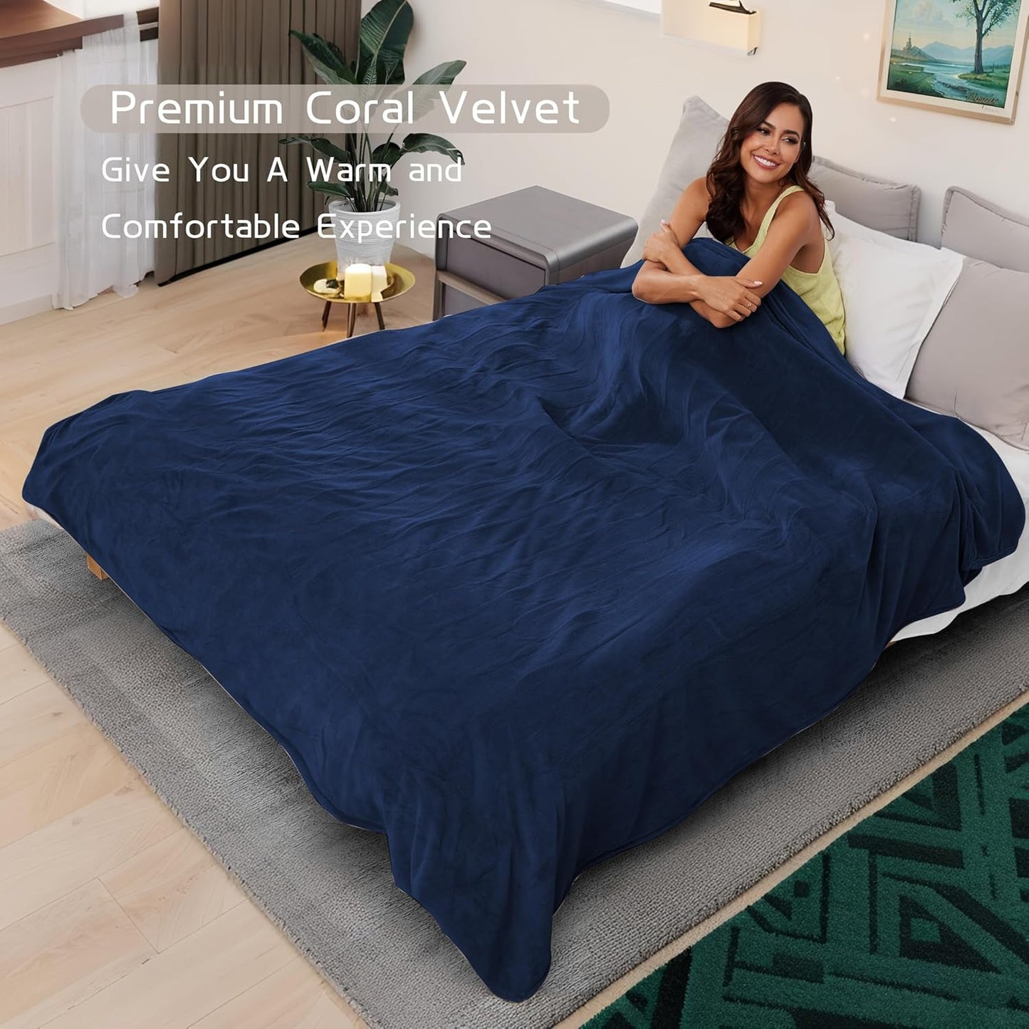 Electric Heated Blanket 84"x90" Queen Size, Soft Coral Fleece, Dual Controllers with 4 Heating Levels and 10 Hours Auto-Off, Machine Washable, Cozy Plush Fabric for Home, Dark Blue