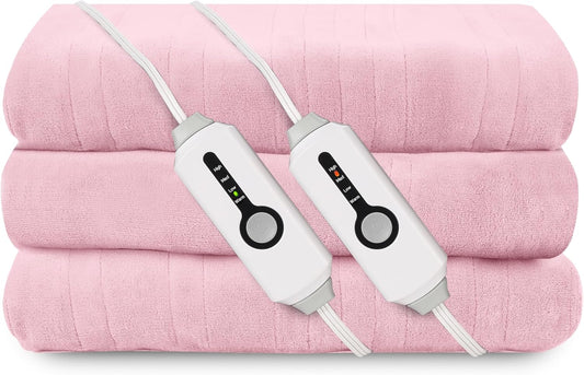 Electric Heated Blanket 90"x100" King Size, Soft Coral Fleece, Dual Controllers with 4 Heating Levels and 10 Hours Auto-Off, Machine Washable, Cozy Plush Fabric for Home, Pink