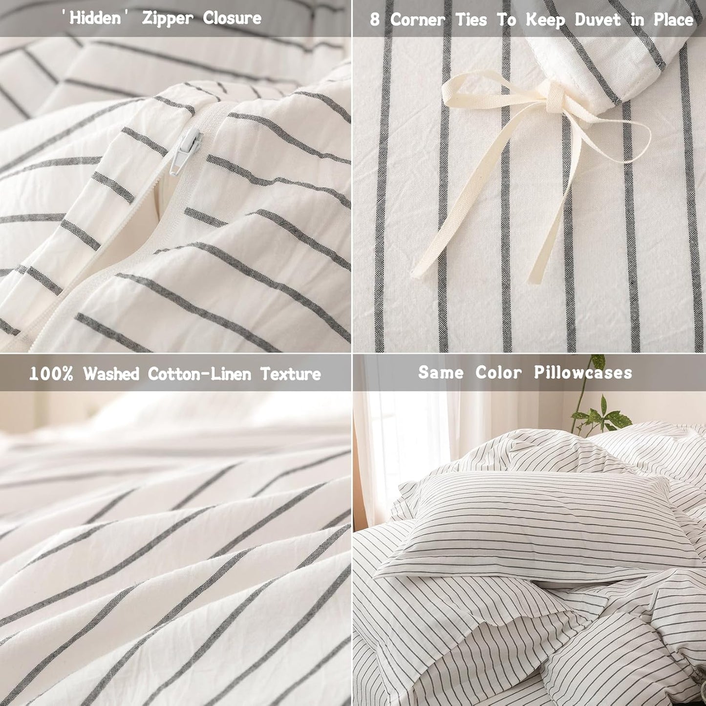 Stripe Duvet Cover Queen Size 90inch x 90inch, 100% Washed Cotton Linen Feel Pinstripe Duvet Cover with Zipper Closure and 2 Pillowcases, Color of White-Dark Grey Stripe