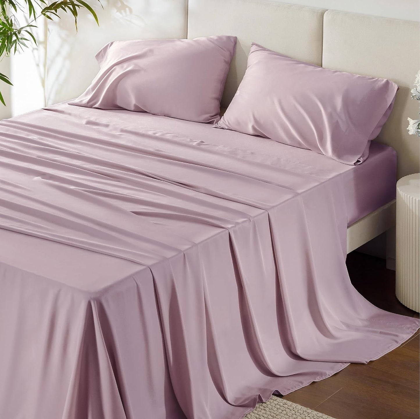 Bedsure California King Sheet Sets, Cooling Sheets, Rayon Derived from Bamboo, Breathable & Soft, Deep Pocket Up to 16 Inches, Hotel Luxury Silky Bedding for Hot Sleepers, Lavender