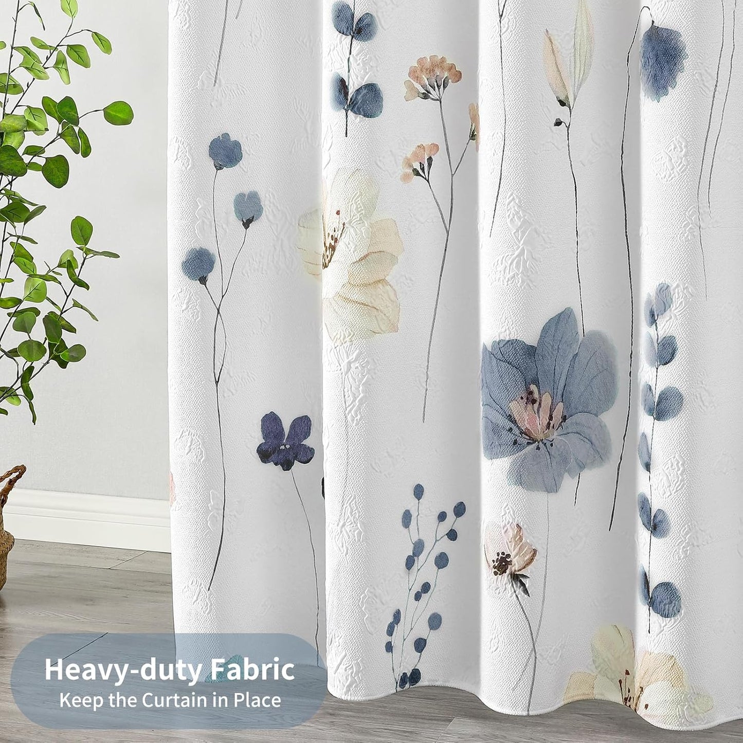 QiyI Long Shower Curtain 72 x 78, Watercolor Floral Bath Curtain, 3D Embossed Butterflies Grey Flower Cloth Bathroom Decor, Waterproof Fabric Rustic Farmhouse Textured Shower Set with Hooks