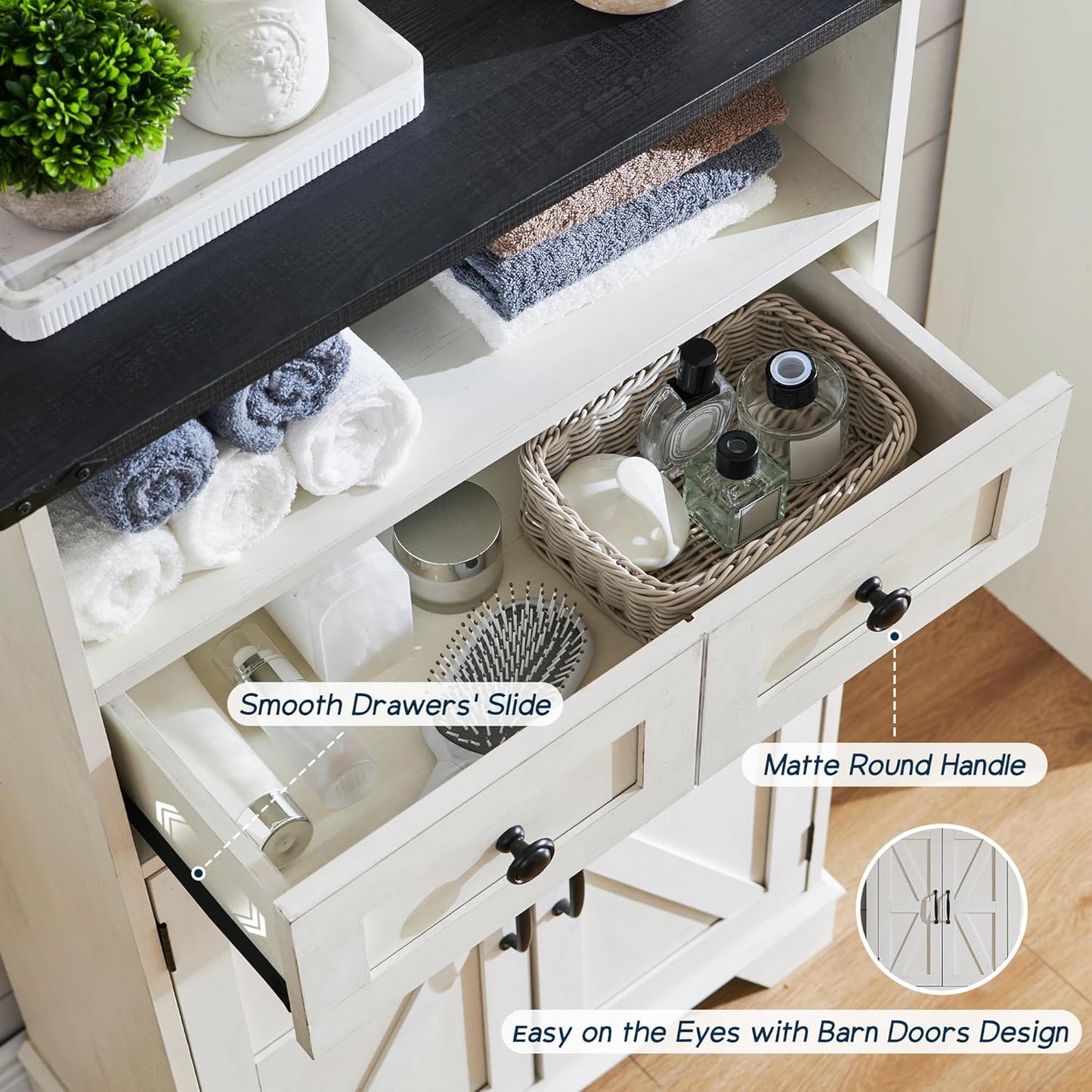 ACCOHOHO Bathroom Floor Cabinet, Farmhouse Storage Cabinet, 24" Wide Cabinet with Drawer, Adjustable Shelf, Barn Doors, Cabinets for Bathroom, Kitchen, Living Room, Off White