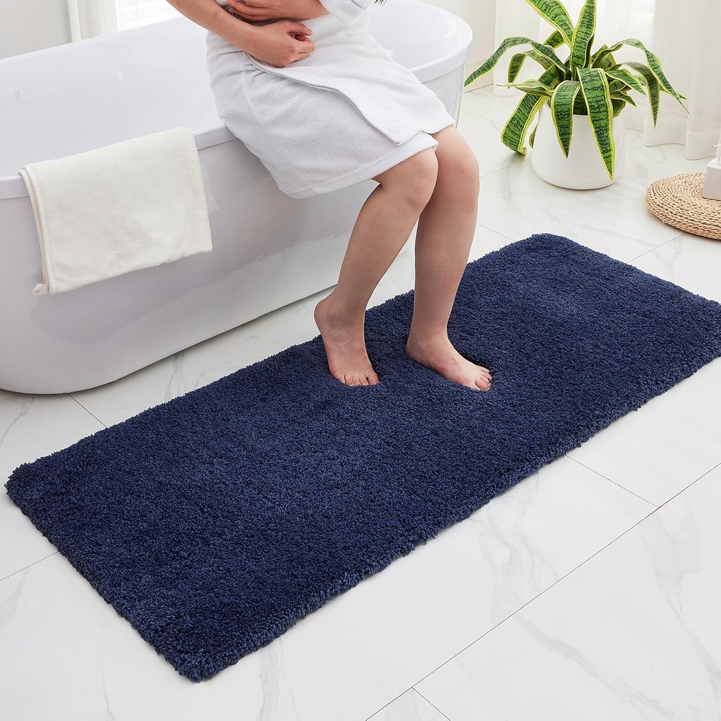 Bathroom Runner Rug 24x59 Navy Non Slip Fluffy Long Bath Mat for Bathroom Floor Washable Plush Luxury Bath Rug for Tub Absorbent Shower Sink Mat Bedside Rug