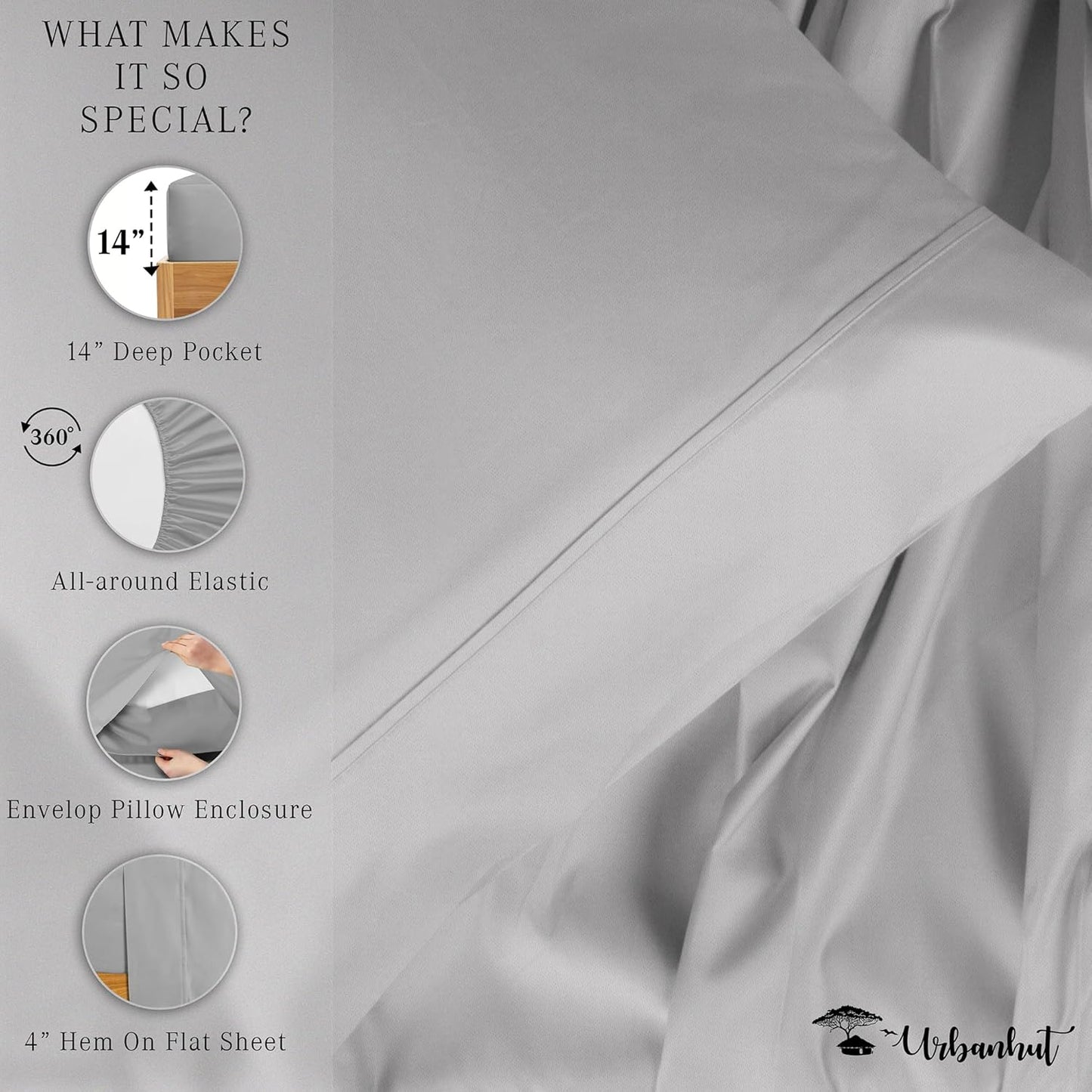 URBANHUT 100% Egyptian Cotton Sheets - 1000 Thread Count Twin Silver Grey Sheet Set (3Pc), Long Staple Cotton Sheets, All Season Sateen Weave, Luxury Hotel Twin Bedsheets,16" Deep Pocket