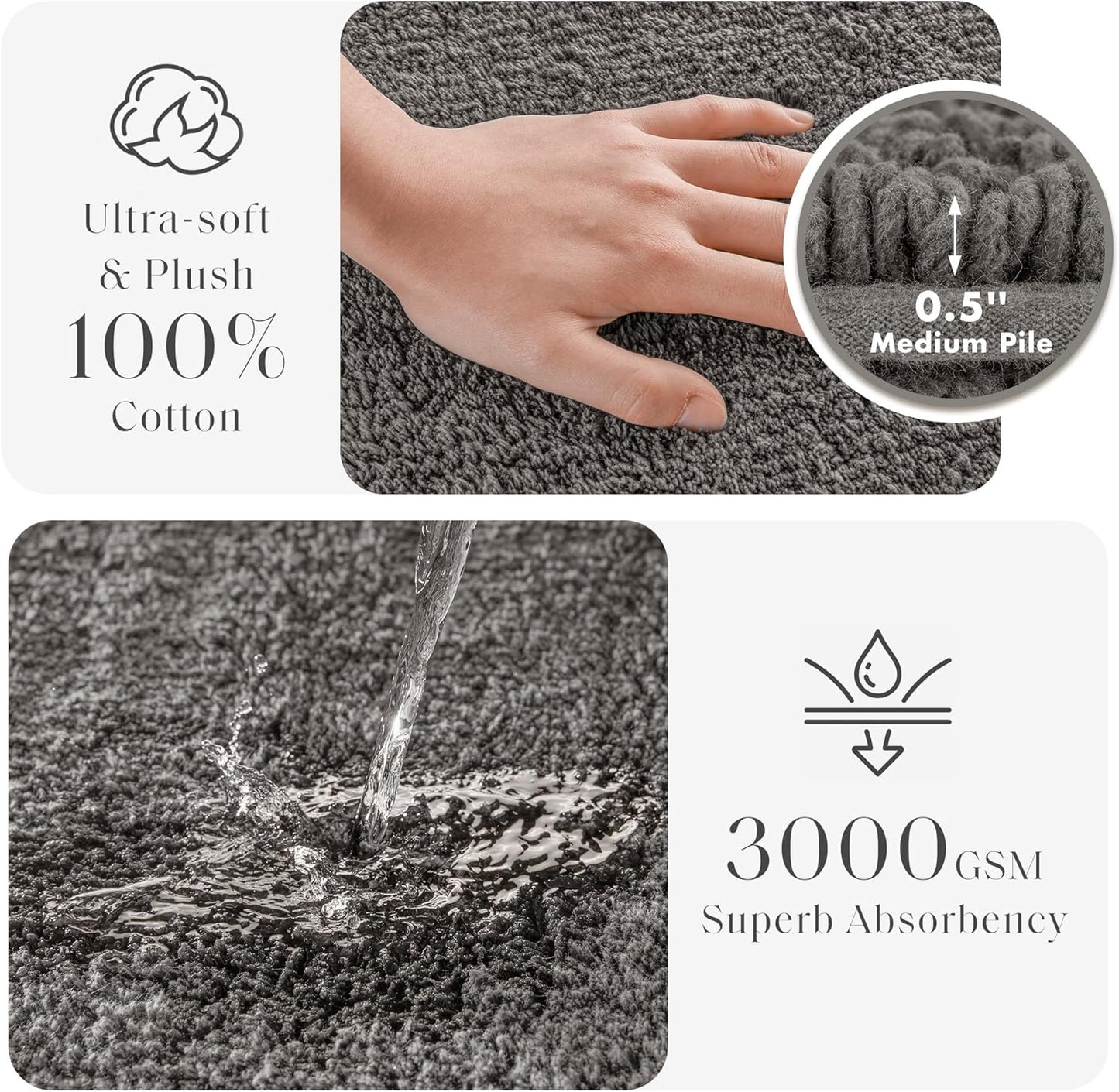 Madison Park Splendor Reversible 100% Cotton Tufted Bathroom Rug-3000 GSM Hotel Quality Luxurious Plush Medium Pile Bath Mat Absorbent, Quick Dry, Shower Room Décor, 24x36 Charcoal