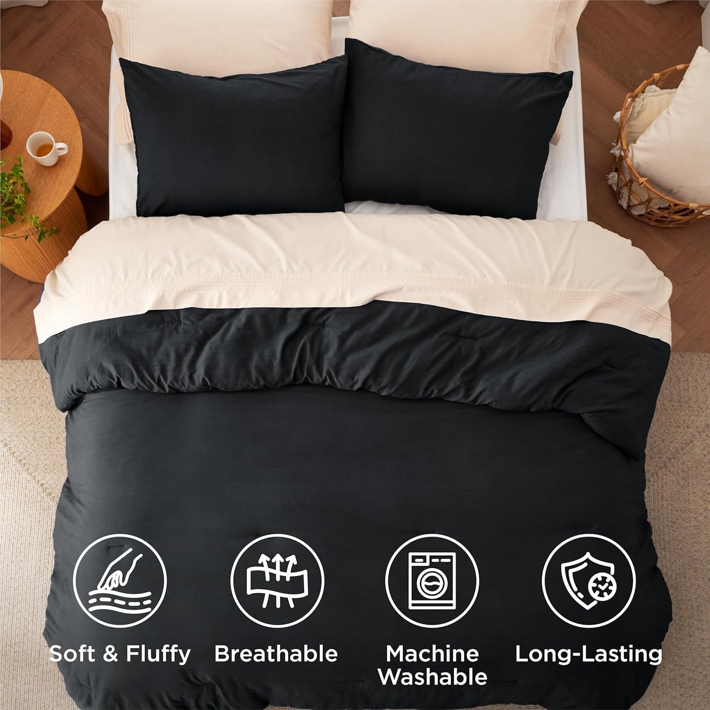 Bedsure Oversized Queen Comforter Set, Black Soft Prewashed Bed Comforter for All Seasons, 3 Pieces Warm Bedding Sets, 1 Lightweight Comforter (98"x98") and 2 Pillowcases (20"x26")