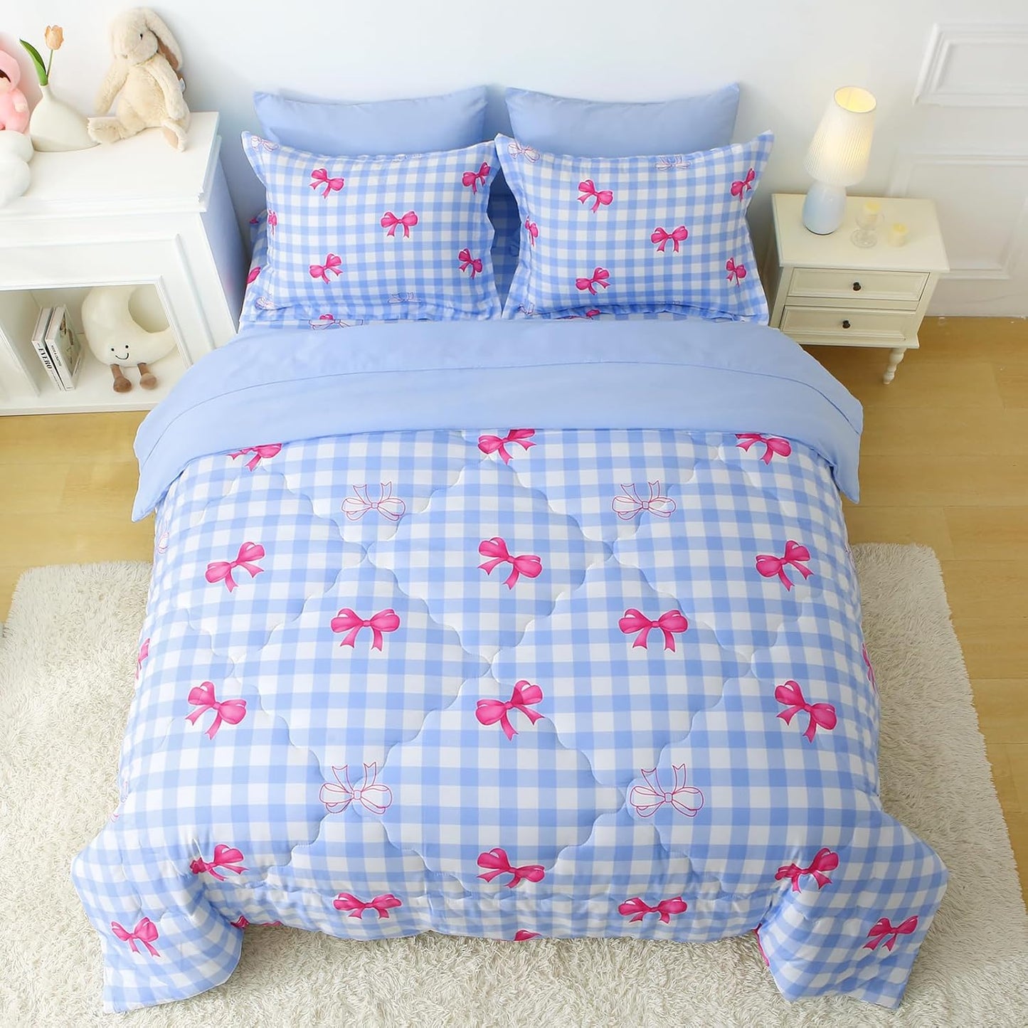 Wajade Bow Comforter Set 7 Piece Blue White Plaid Comforter Sets for Girls Kids Queen Size Checkered Bedding Set with Sheet and 2 Pillowcases 2 Pillow Shams Cute Girls Bed in a Bag as Birthday Choice