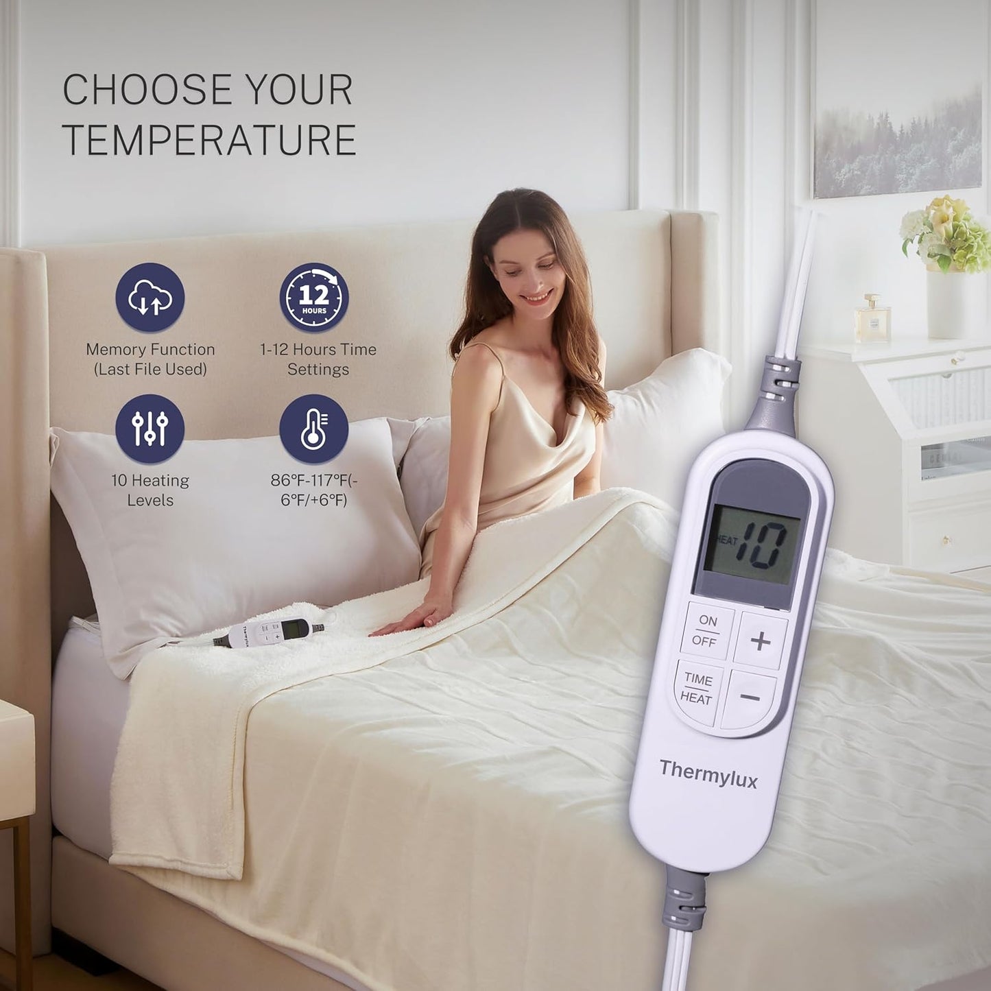 Electric Blanket Twin 62"x84" Heated Electric Blankets 10 Heating Levels 12 Time Settings 8 Hours Auto Off Fast Heating and Overheat Protection ETL Certified Machine Washable,Ivory