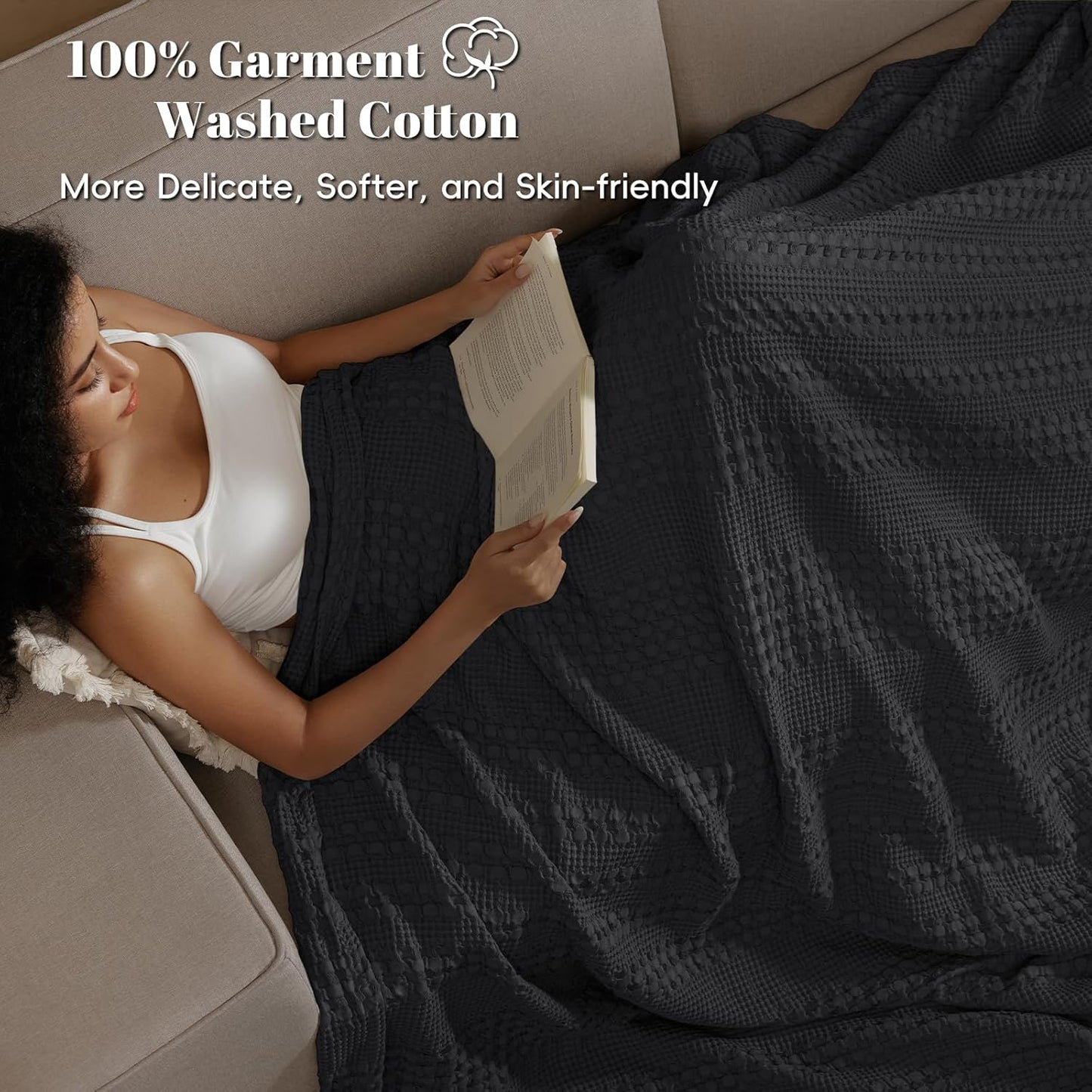 PHF 100% Cotton Waffle Weave Blanket Twin Size for Bed, Soft Lightweight & Breathable, All-Season Comfort, Luxury Aesthetic Woven Bedding for Home Decor, 66"x90", Black