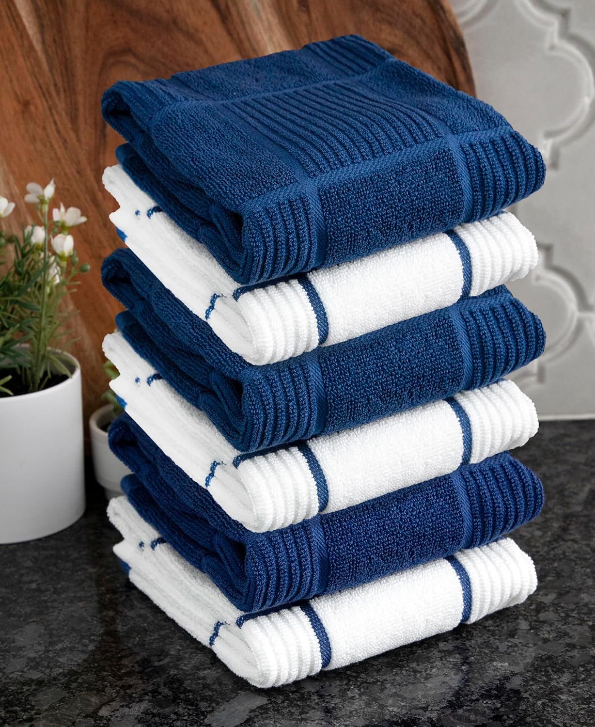 T-Fal Solid & Checked Parquet Kitchen Towels: Highly Absorbent, Super Soft Long Lasting - 100% Cotton, 16"x26" Dish Towels for Cleaning & Drying Dishes, Pans, Glassware, Countertops, 6-Pack, Blue