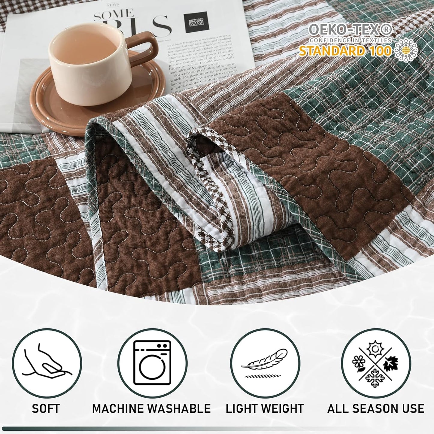 KALOOLA Plaid Queen Size Quilt Set, 100% Cotton Lightweight Quilted Bedspread with 2 Pillowshams for Queen Bed, Farmhouse Printed Bedding Set Coverlet for All Season, 3 Pieces, Brown/Green