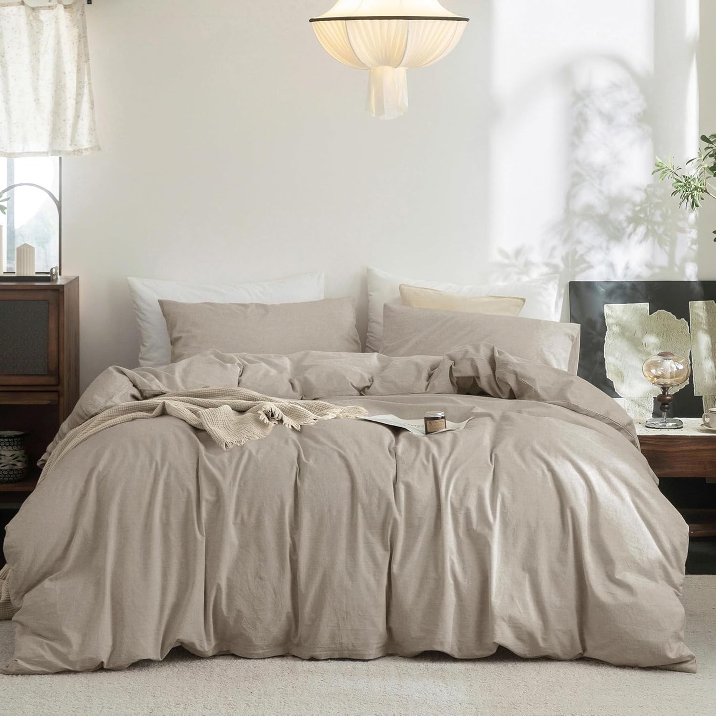 FOSSA Duvet Cover Set 100% Washed Cotton Linen Feel Super Soft Breathable Cozy 3 Pieces Bedding Sets Solid Tannish Linen Grey King
