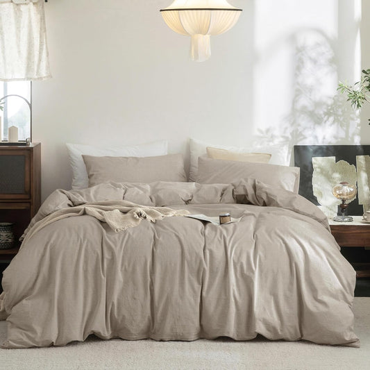 FOSSA Duvet Cover Set 100% Washed Cotton Linen Feel Super Soft Breathable Cozy 3 Pieces Bedding Sets Solid Tannish Linen Grey King