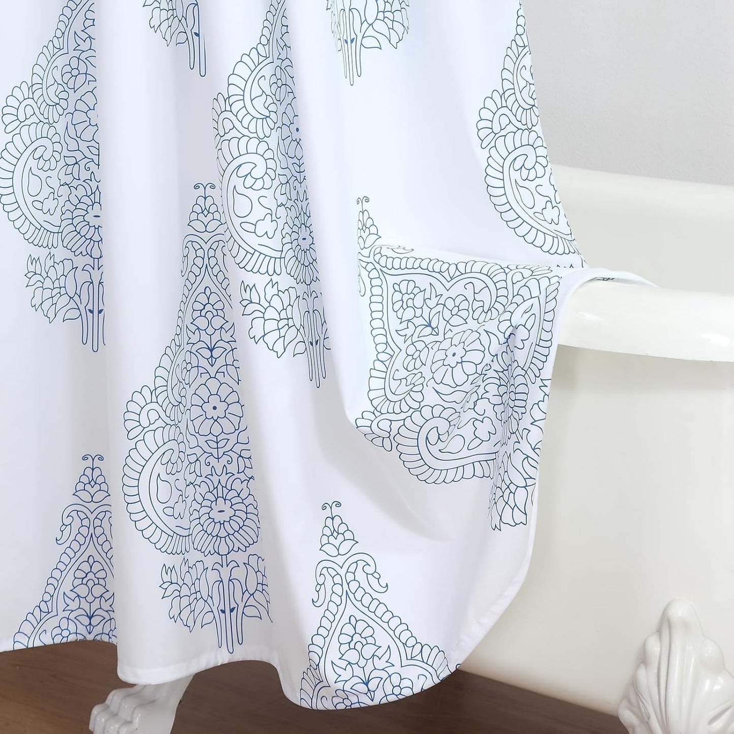 90 Inch Fabric Shower Curtain, Extra Long White and Blue Paisley Damask Medallion Print Shower Curtains for Bathroom, 72" W x 90" H