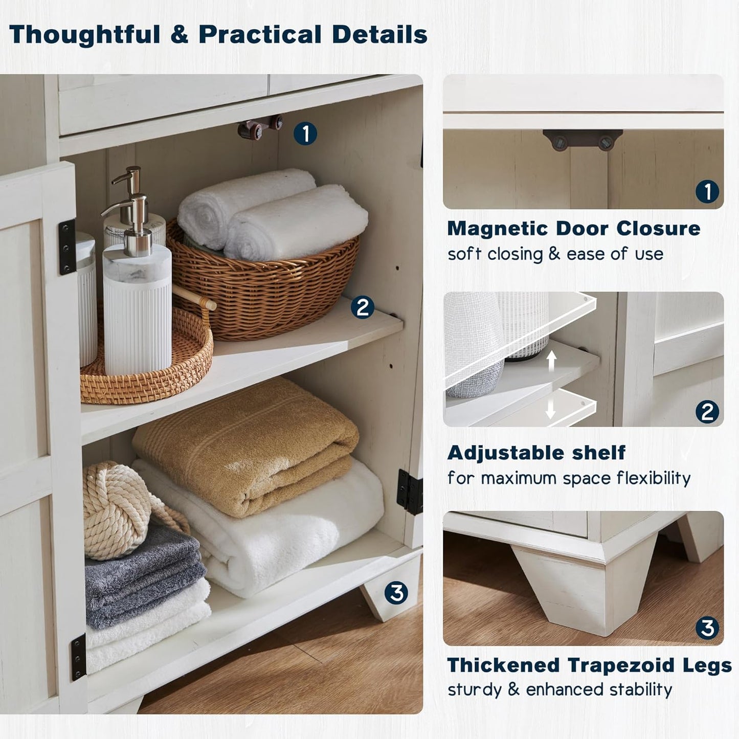 ACCOHOHO Bathroom Floor Cabinet, Farmhouse Storage Cabinet, 24" Wide Cabinet with Drawer, Adjustable Shelf, Barn Doors, Cabinets for Bathroom, Kitchen, Living Room, Off White