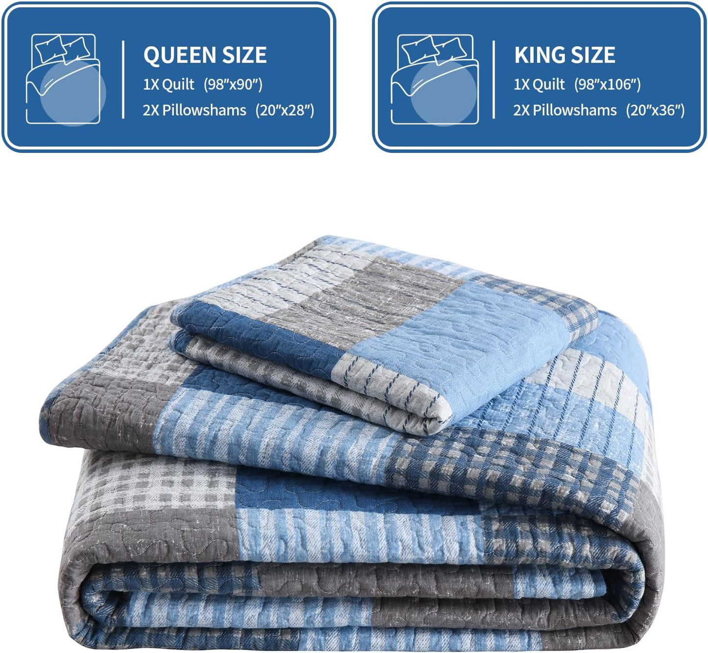 KALOOLA Plaid Quilts Queen Size, 100% Cotton Soft Bedding Set with 2 Pillow Shams, Farmhouse Lightweight Blue Grey Queen Bedspread Coverlet Set for All Season, 3 Pieces