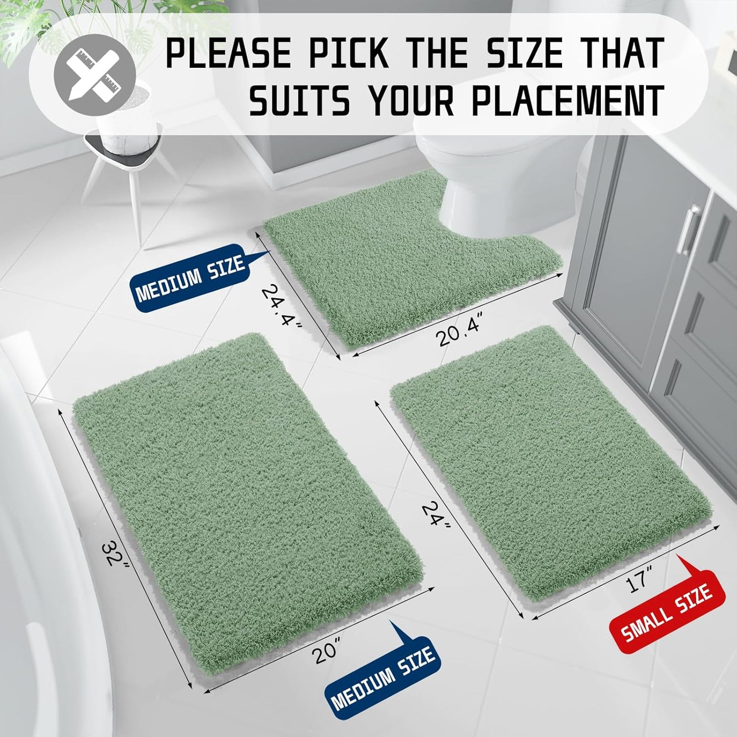 Yimobra Luxury Fluffy Bathroom Rugs, Super Elastic Soft Thick Plush Bath Mat, Non-Slip Water Absorbent, Easier to Dry, Sturdy Shaggy Microfiber Carpet for Bathtub, 32"x 20", Pure Light Green