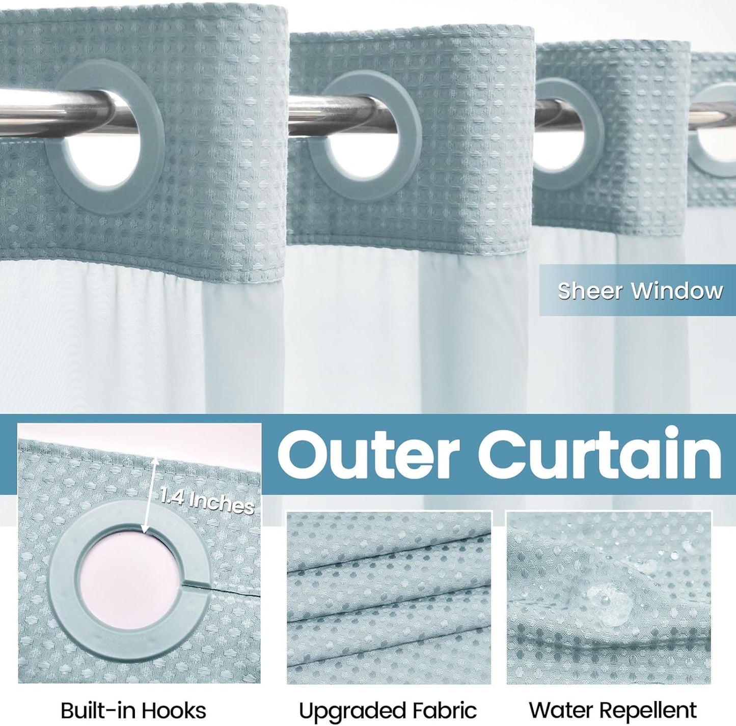 Fog Blue Long No Hook Shower Curtain with Snap in Liner,230GSM Waffle Weave Shower Curtains for Bathroom,71W x 86H