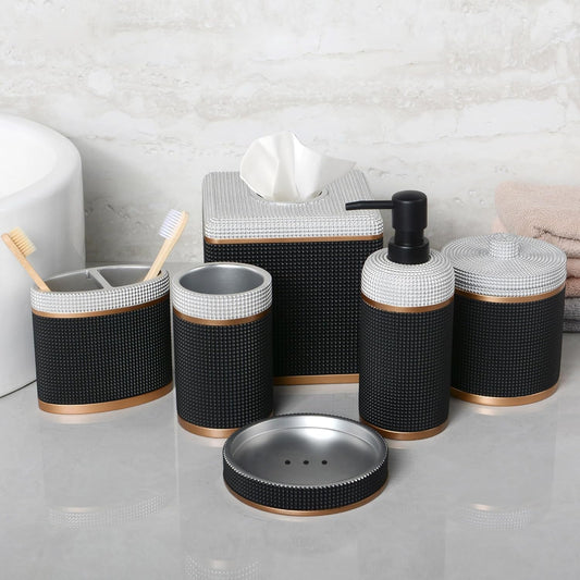 Decozen Bathroom Accessories Set 6Pcs – Soap Dispenser, Toothbrush Holder, Tumbler, Soap Dish & Cotton Swab Jar – Modern Bathroom Decor, Bath Set for Christmas Decor, Seiler