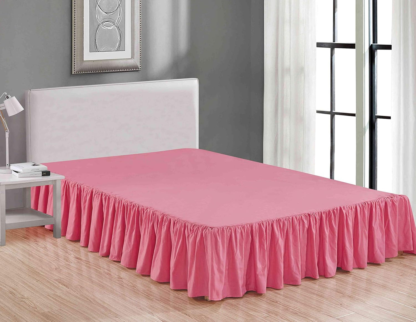Sheets & Beyond Wrap Around Solid Microfiber Luxury Hotel Quality Fabric Bedroom Gathered Ruffled Bedding Bed Skirt 14 Inch Drop (Full, Pink)