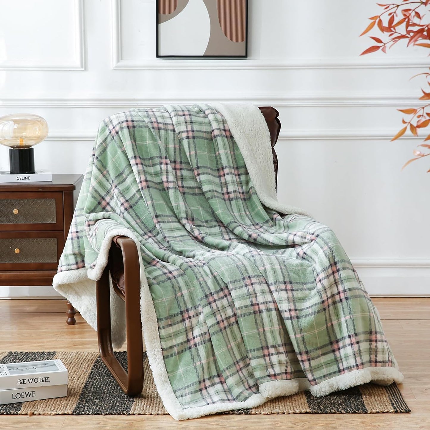 PU MEI Sherpa Blanket Twin Plaid Thick Bed Blanket, 60”*80” Super Soft Flannel Fuzzy Fleece Reversible Velvet Plush Warm Blanket for Couch (Green Pink Check)