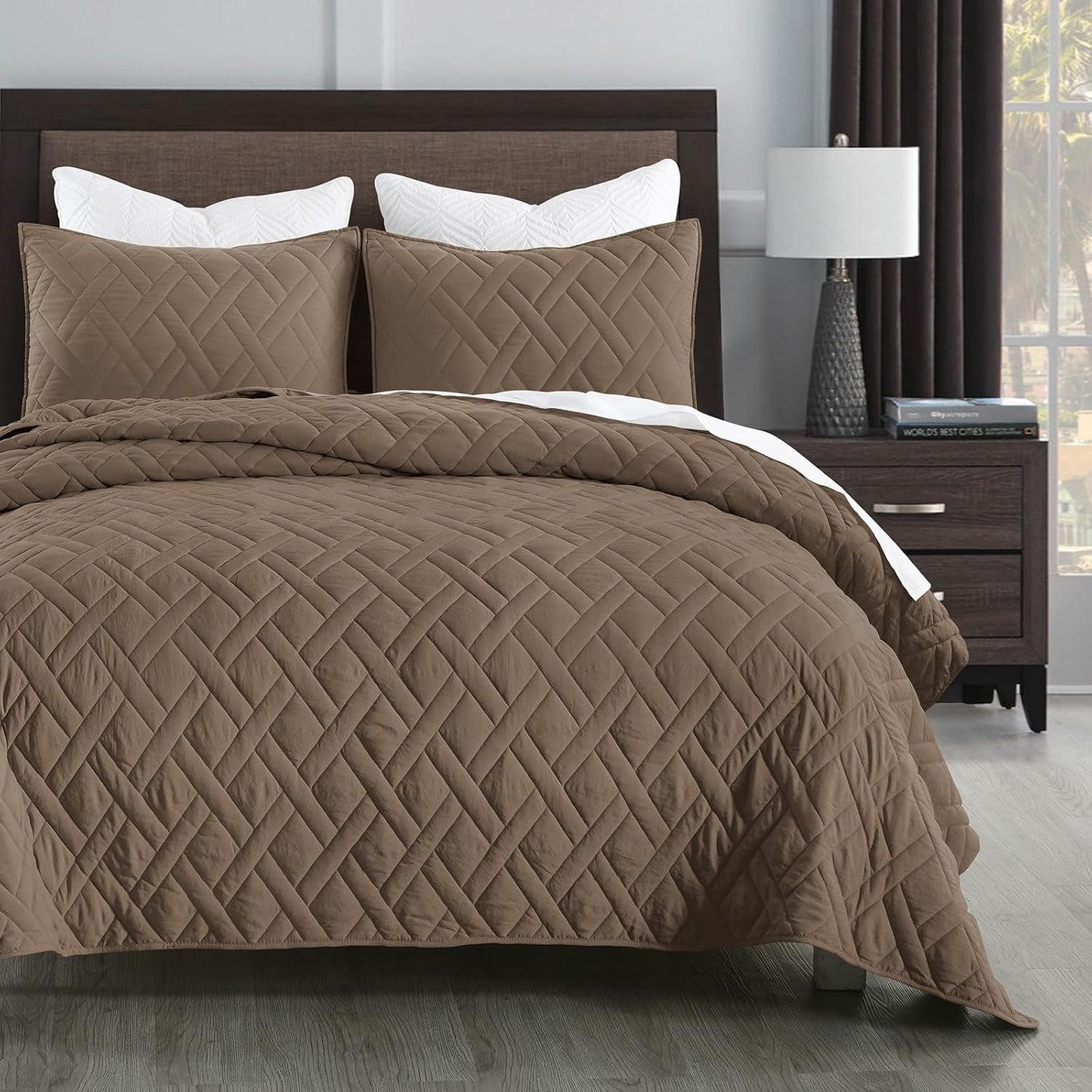 HORIMOTE HOME Quilt Set King Size Pine Bark, Classic Geometric Diamond Stitched Pattern, Ultra Soft Microfiber Lightweight Bedding Bedspread Coverlet for All Season with 1 Quilt 2 Pillow Shams