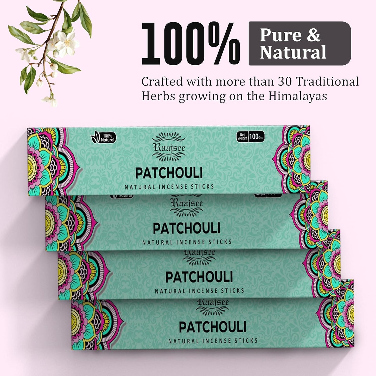 Raajsee Patchouli Incense Sticks (180 gm), 100% Pure Organic Natural Hand Rolled Free from Chemicals - Patchouli Incense Perfect for Aromatherapy, Cleansing, Meditation, and Church(Pack of 12)