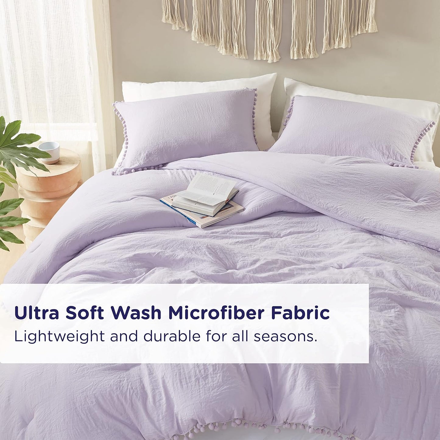 Codi Lavender Purple Full/Queen Comforter Set - Boho Aesthetic Bedding with Luxurious Pom Fringe, Soft Washed Microfiber 3pc Set, Couple-Friendly Lightweight Design, 1 Comforter & 2 Pillow Shams