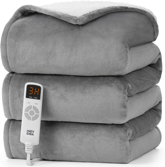 EHEYCIGA Heated Blanket Electric Throw - Heating Blanket with 9 Heating Levels & 10 Hours Auto Off, Soft Cozy Sherpa Washable Throw with Fast Heating, 50 x 60 Inches