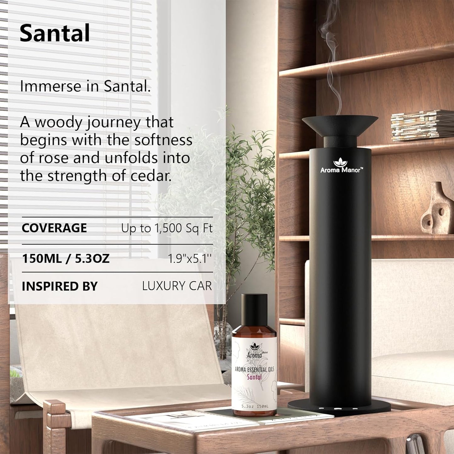 Car Diffuser Oil - Santal Essential Oil Blend - Luxury Hotel Inspired Home Aromatherapy Diffuser Oil - Sandalwood, Violet, Geranium, Cedar - for Diffuser, Humidifier, Reed - 150ML