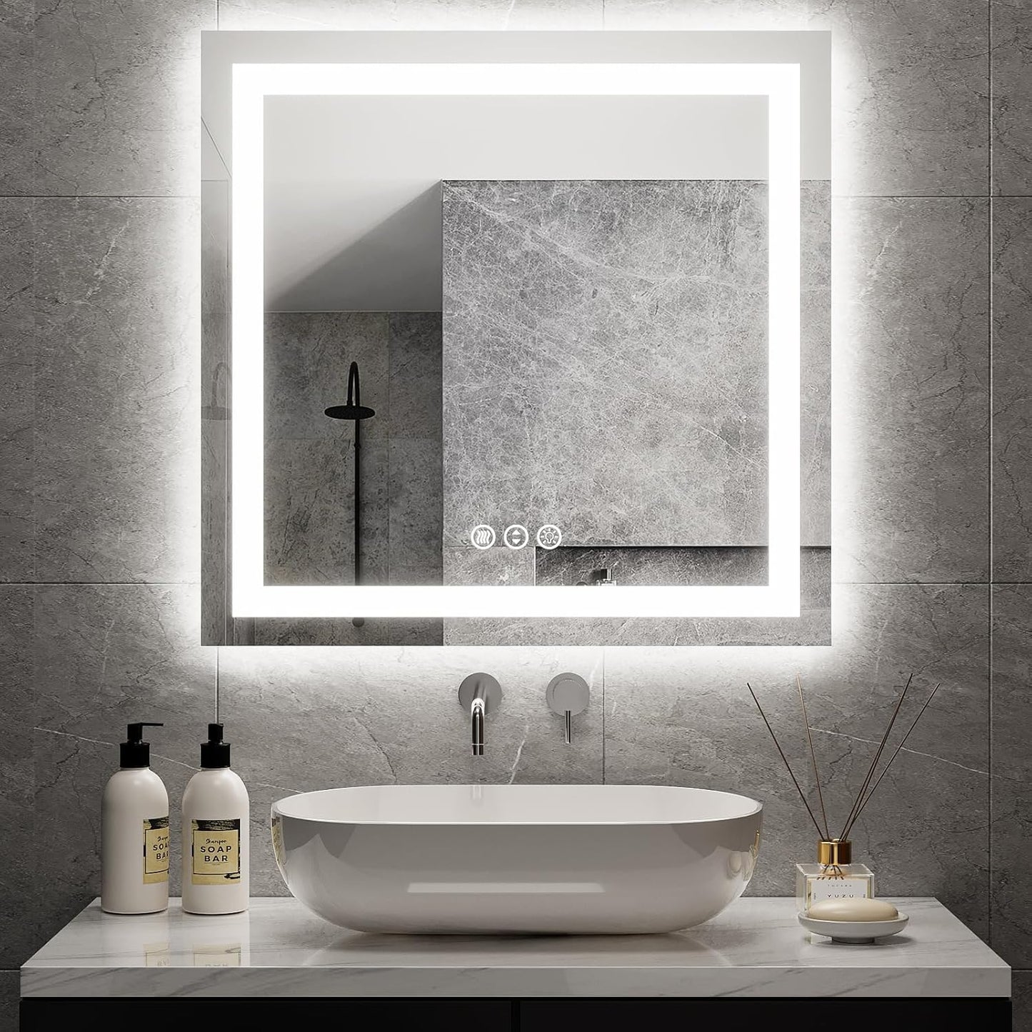 32x32 Inch Lighted Bathroom Mirror for Wall, LED Mirror for Bathroom, Dimmable, Anti-Fog, Lighted Bathroom Vanity Mirror for Wall, ETL Listed, Tempered Glass(Horizontal/Vertical)