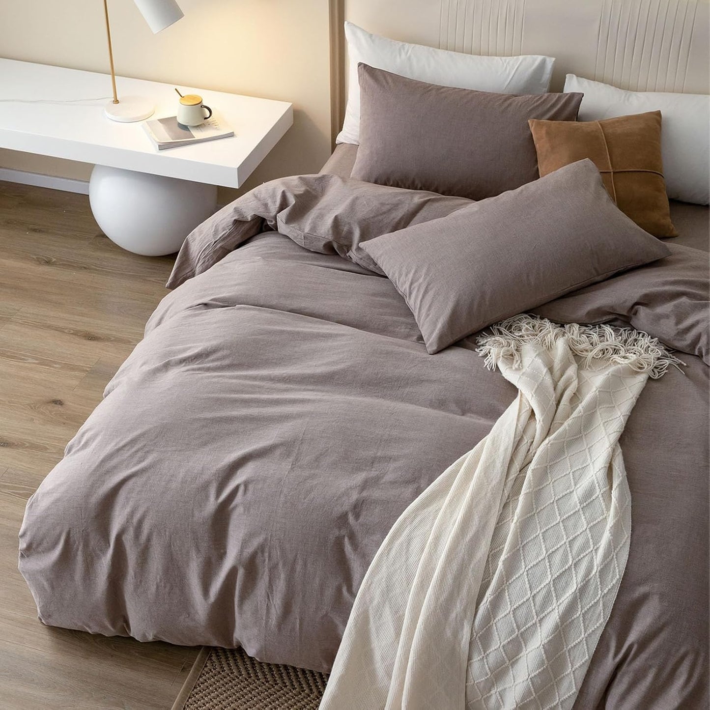 JIYUAN 100% Washed Cotton Duvet Cover Set 3 Pieces Alaska King, 1 Duvet Cover 132x120 Inches(Comforter Not Included) and 2 Pillowcases,Linen Like Comfy and Breathable,Heathered Mauve Brown
