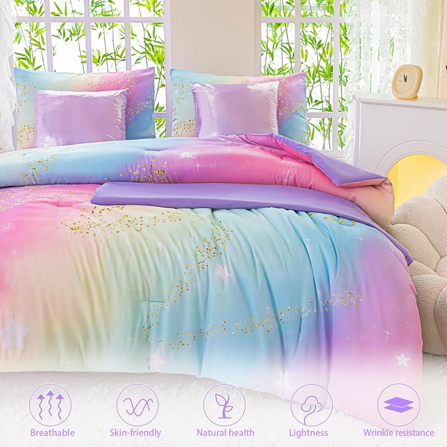 Rainbow Bedding Set Full Size – 7 Piece Reversible Girls Comforter with Deep-Pocket Sheet, Gradient Galaxy Design, Whole-Piece Filling, Machine Washable Bed-in-a-Bag for Kids Room Makeover & Gifts