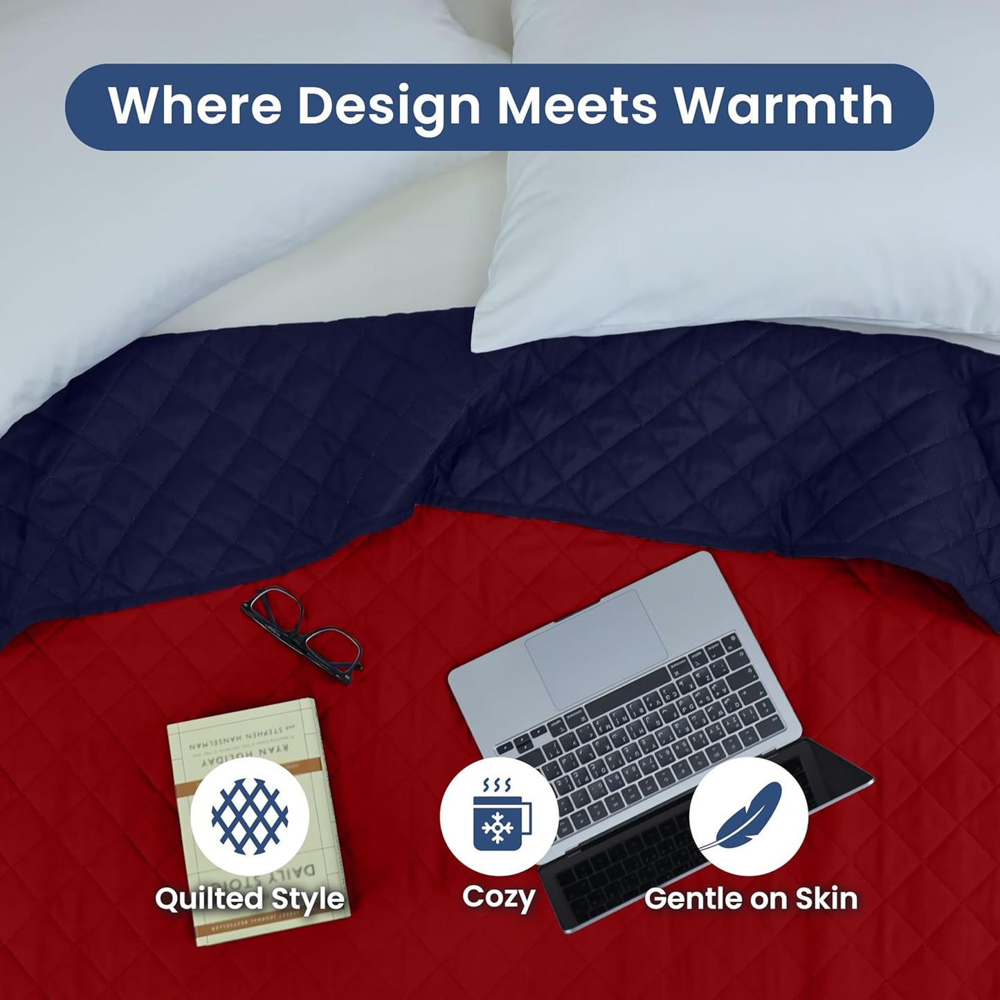 Martex Reversible Coverlet – Full Size Quilt – Queen Size Quilt - Lightweight Quilt Full Size– Durable Queen Size Quilts for Bed – Soft - Easy Care Bedding – Red/Navy