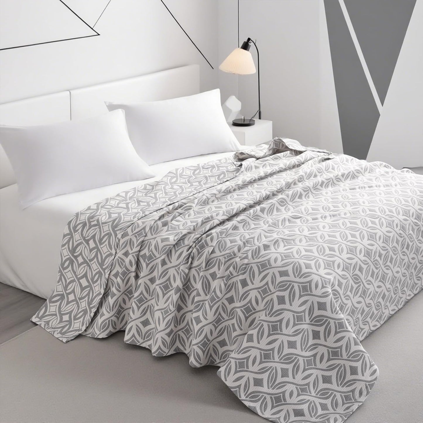 NTBAY 3 Layers Cotton Muslin 68x92 Twin Bed Blanket, Super Soft Breathable Thermal Yarn Dyed Quilt for Adults, Perfect Lightweight Blanket for Couch Sofa Bed All Seasons, Grey Twisted Line