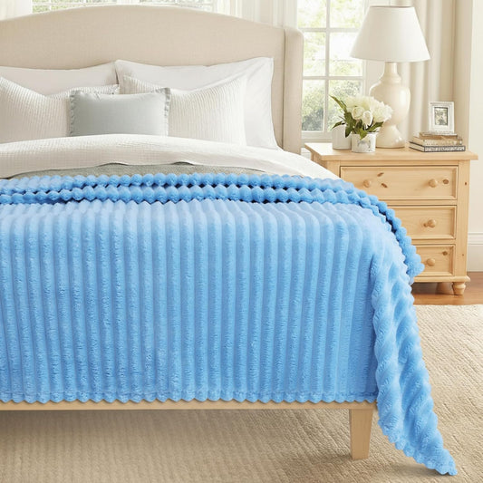 decorUhome Christmas Soft Fleece Blue Blanket Queen Size for Bed, Cozy Fluffy Plush Flannel Large Striped Throws for Couch Sofa, Lightweight Decorative Fuzzy Blanket for Woman, 90x90 Inches
